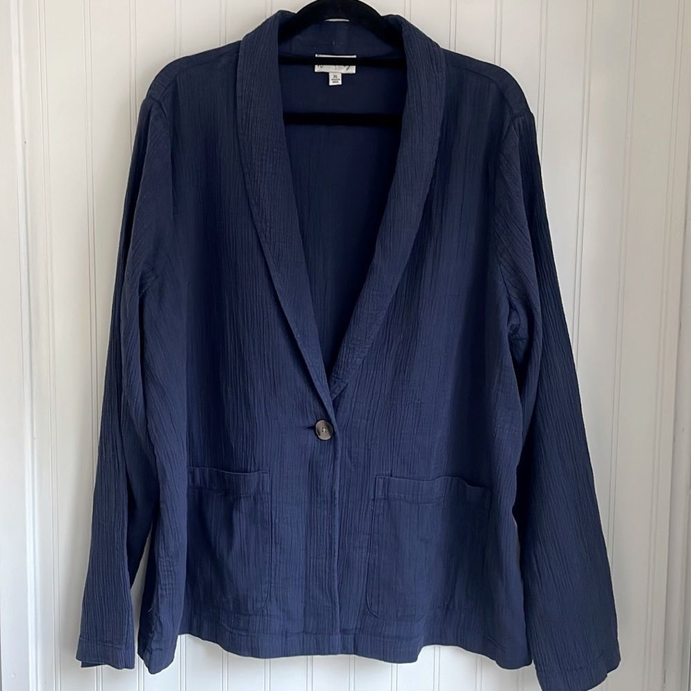 WONDERLY women’s blue one button unstructured blazer pockets 100% cotton size XL